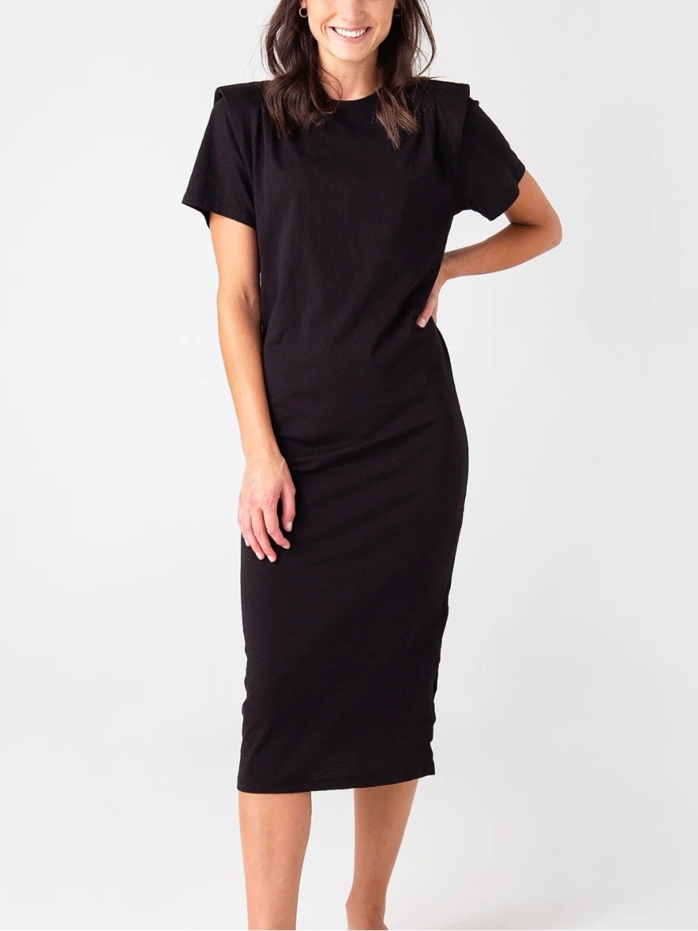 FRAME Women's Short Sleeve Padded Shoulder Midi Dress Minimalist Sz Large FLAW